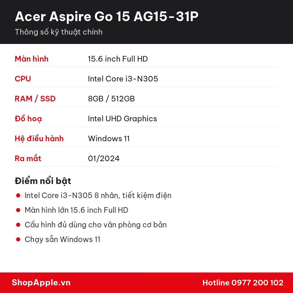 Thông số kỹ thuật Acer Aspire Go 15 AG15-31P