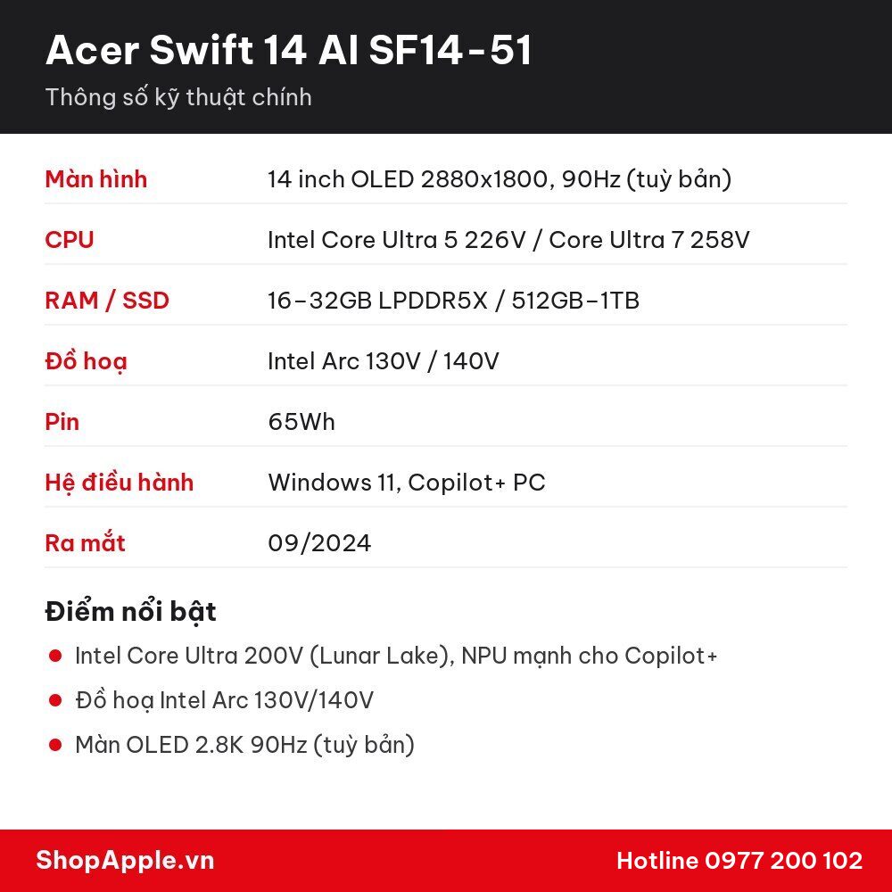 Thông số kỹ thuật Acer Swift 14 AI SF14-51