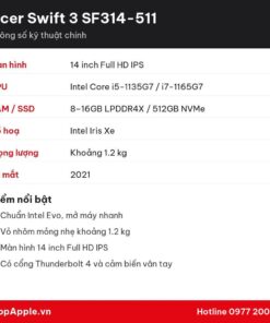Thông số kỹ thuật Acer Swift 3 SF314-511