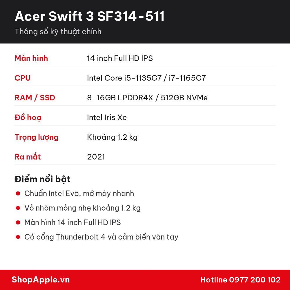 Thông số kỹ thuật Acer Swift 3 SF314-511