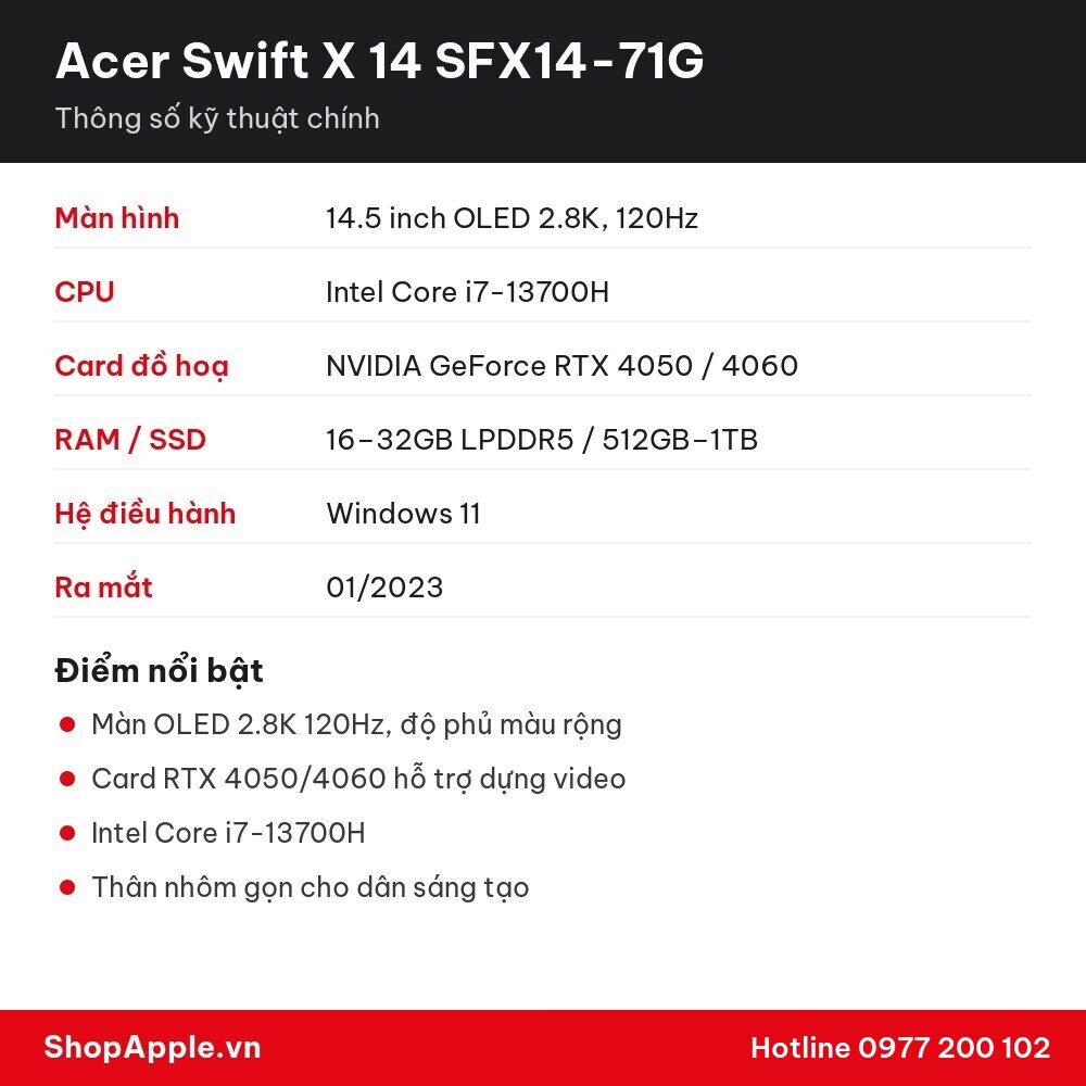 Thông số kỹ thuật Acer Swift X 14 SFX14-71G