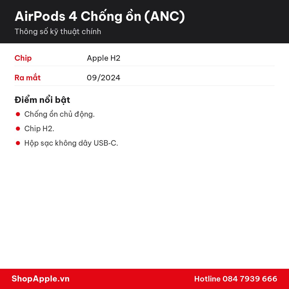 Thông số kỹ thuật AirPods 4 Chống ồn (ANC)