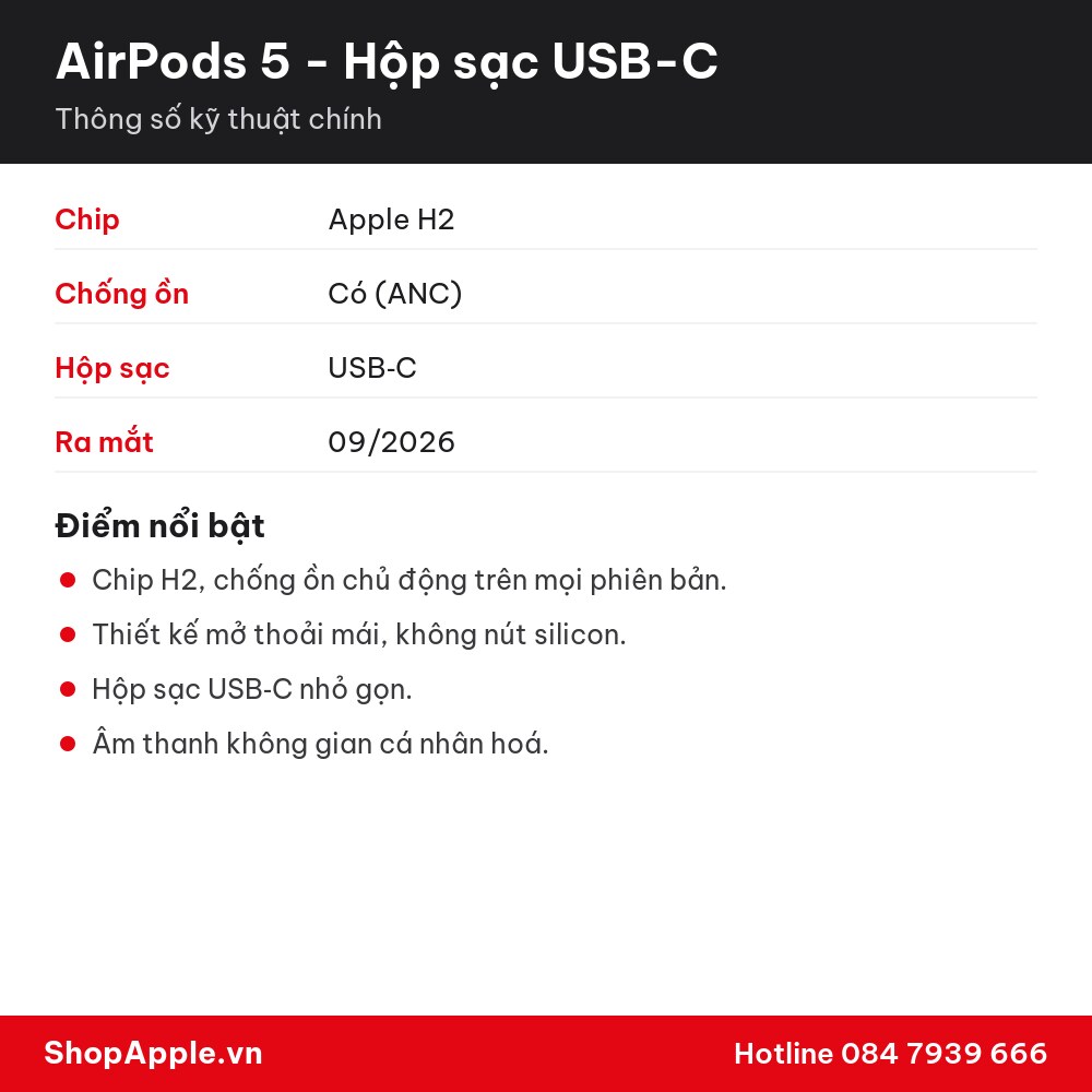 Thông số kỹ thuật AirPods 5 - Hộp sạc USB-C