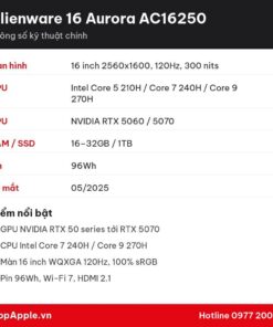 Thông số kỹ thuật Alienware 16 Aurora AC16250
