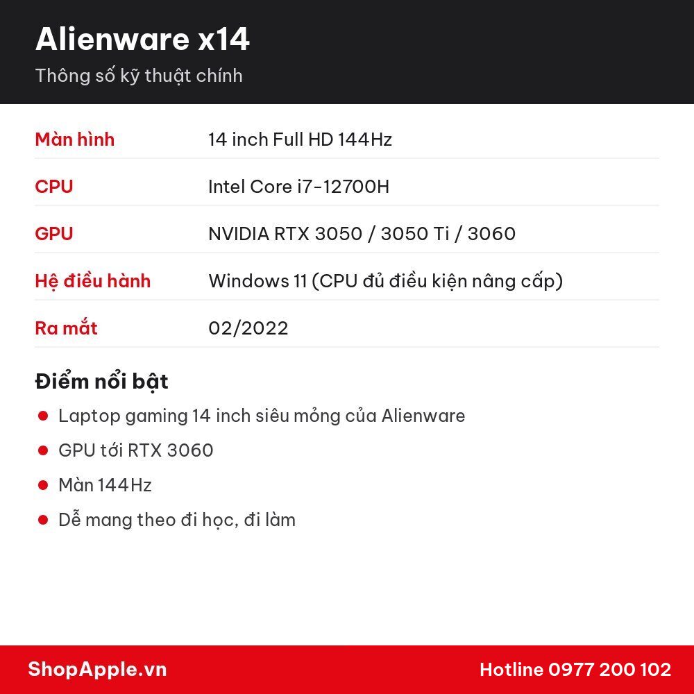 Thông số kỹ thuật Alienware x14