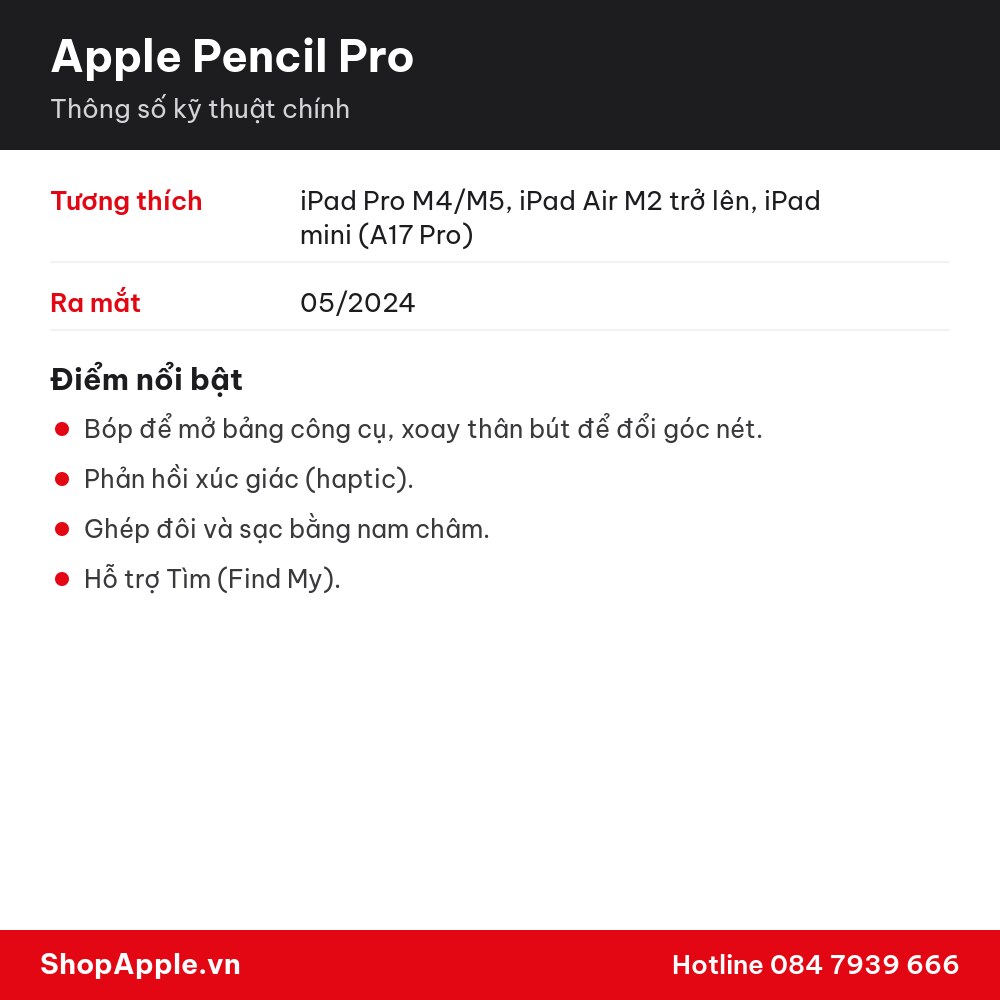 Thông số kỹ thuật Apple Pencil Pro - Chính Hãng