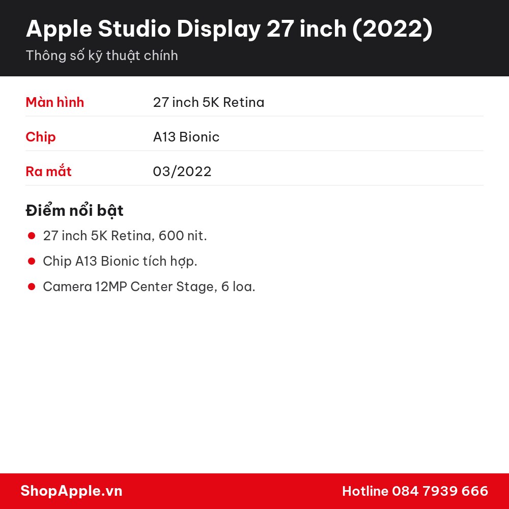 Thông số kỹ thuật Apple Studio Display 27 inch (2022)
