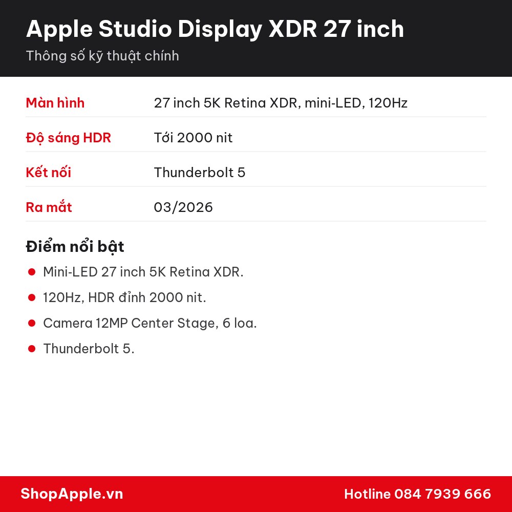 Thông số kỹ thuật Apple Studio Display XDR 27 inch
