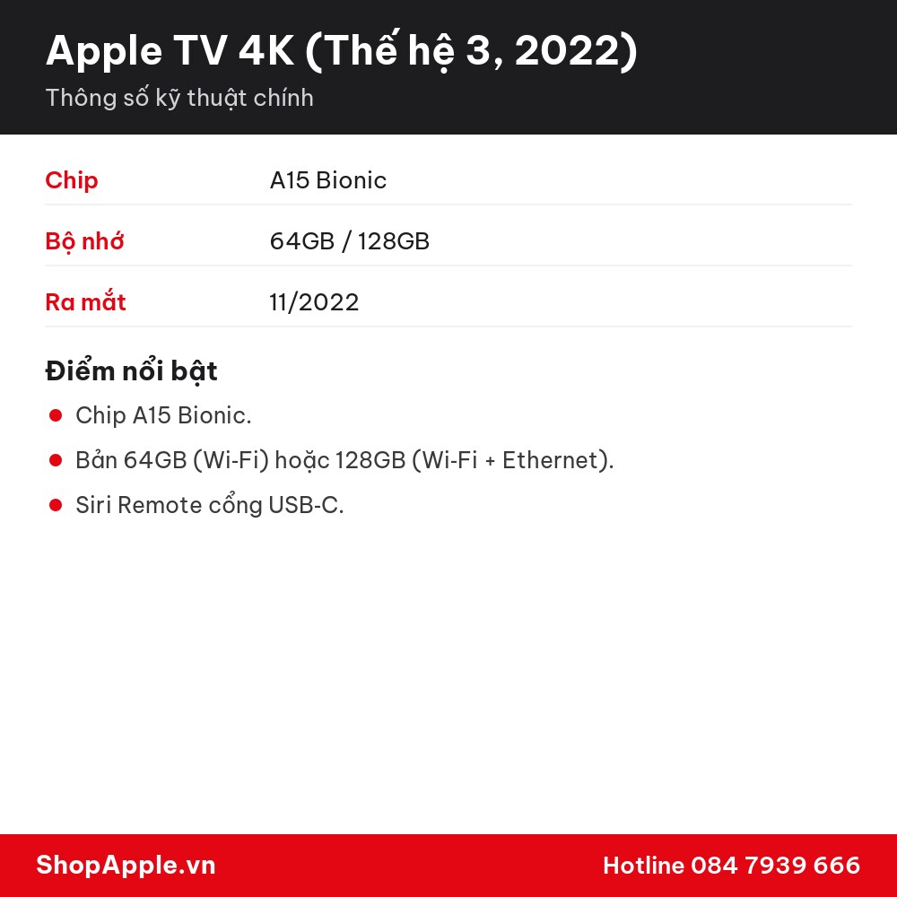 Thông số kỹ thuật Apple TV 4K (Thế hệ 3, 2022)