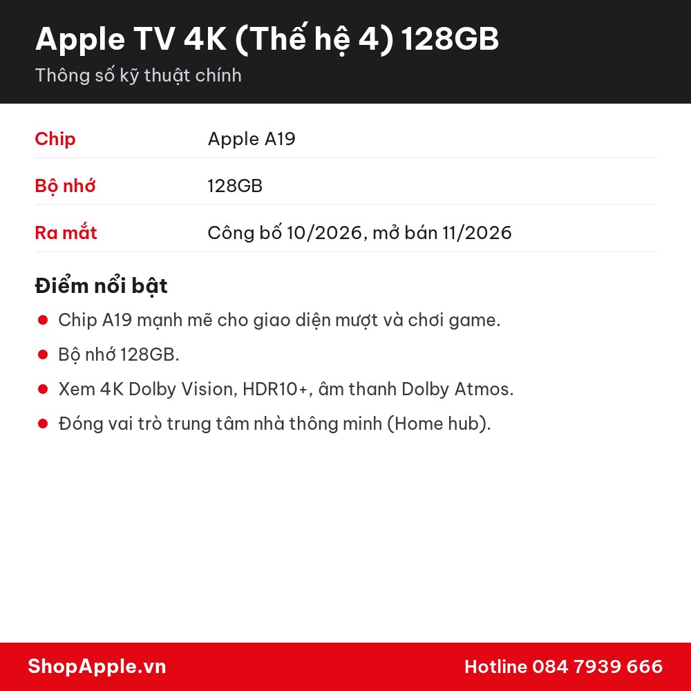 Thông số kỹ thuật Apple TV 4K (Thế hệ 4) 128GB