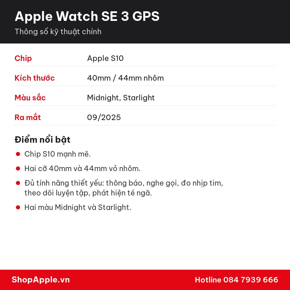 Thông số kỹ thuật Apple Watch SE 3 GPS