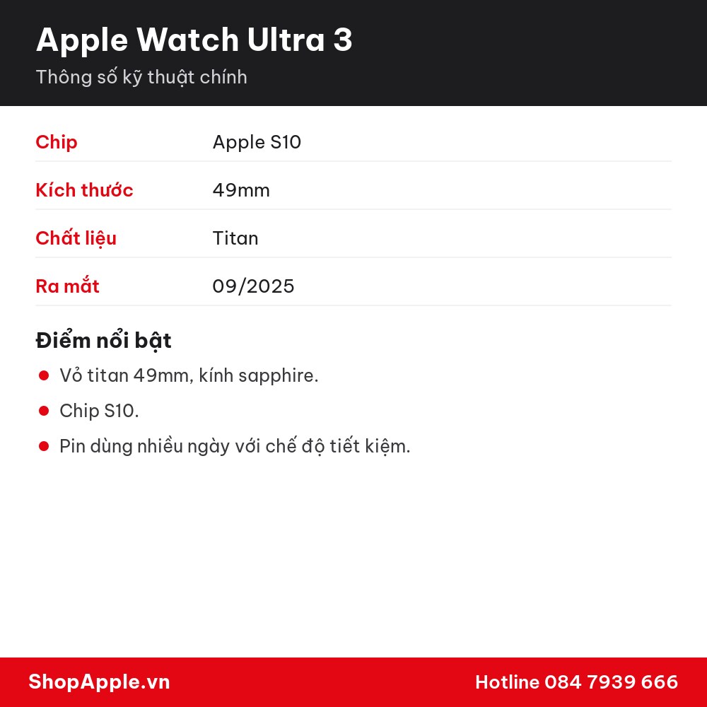 Thông số kỹ thuật Apple Watch Ultra 3