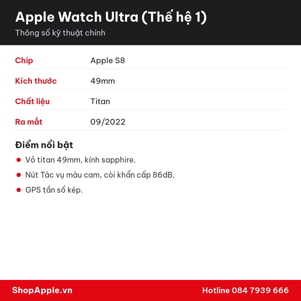 Thông số kỹ thuật Apple Watch Ultra (Thế hệ 1)