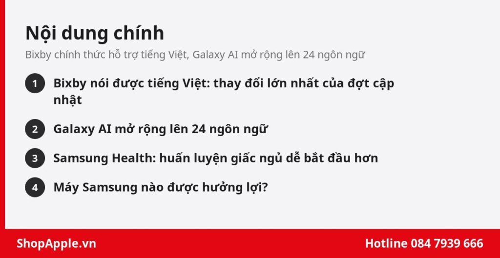 Nội dung chính: Bixby chính thức hỗ trợ tiếng Việt, Galaxy AI mở rộng lên 24 ngôn ngữ