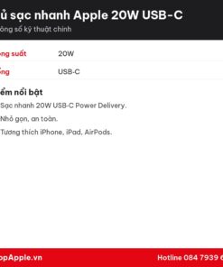 Thông số kỹ thuật Củ sạc nhanh Apple 20W USB-C - Chính Hãng
