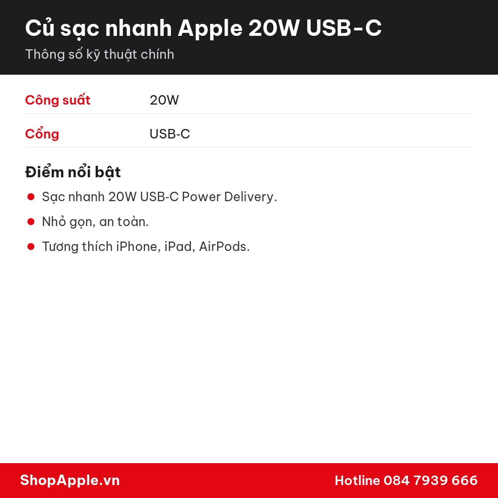 Thông số kỹ thuật Củ sạc nhanh Apple 20W USB-C - Chính Hãng