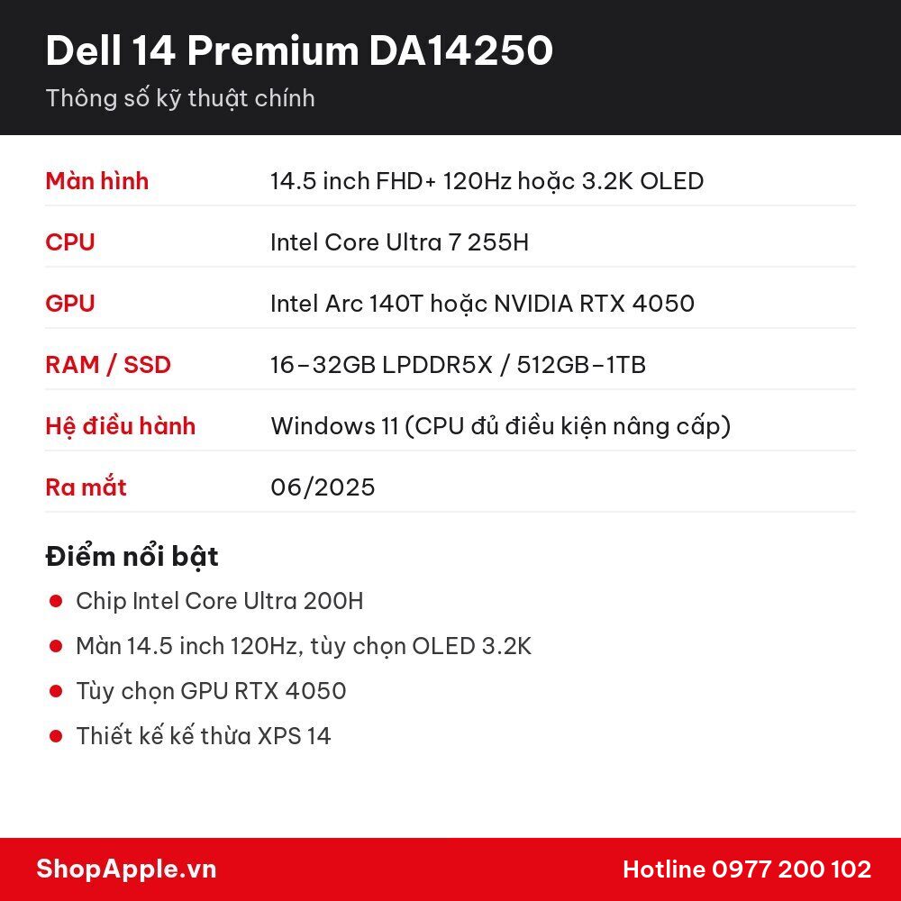 Thông số kỹ thuật Dell 14 Premium DA14250
