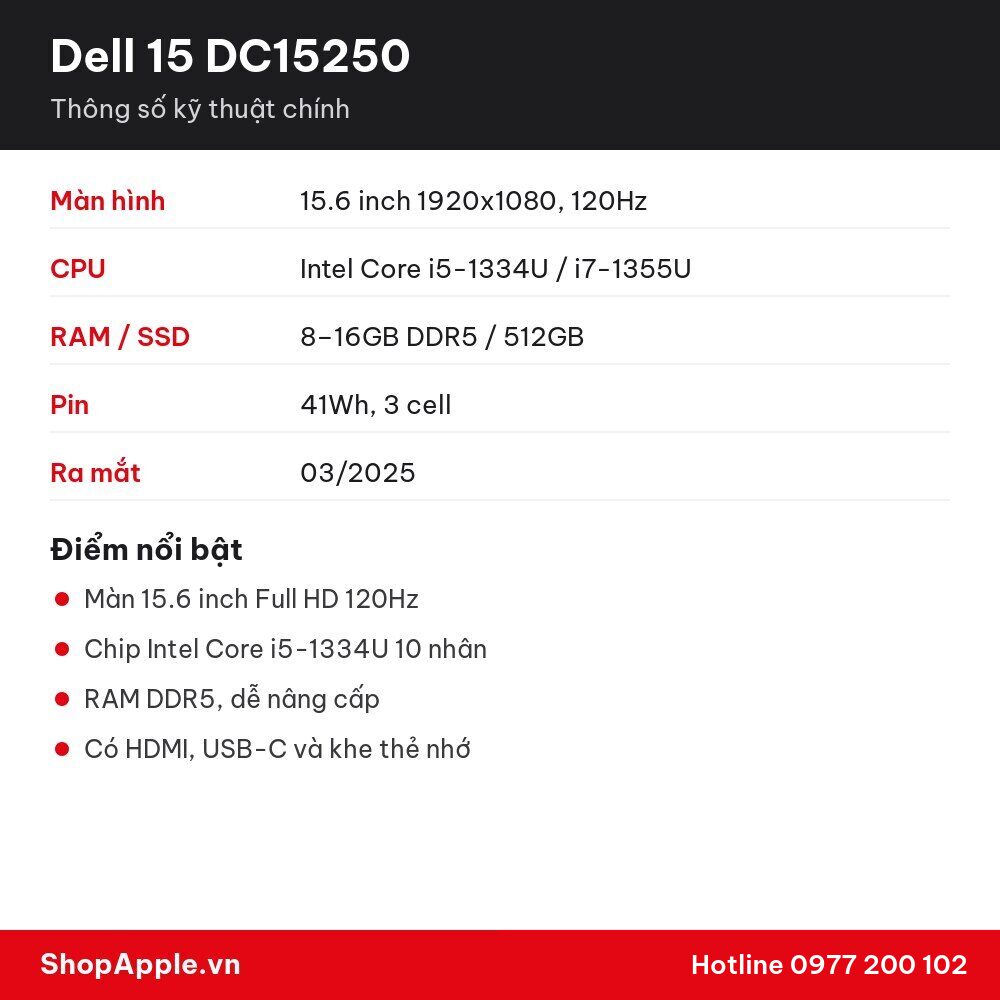 Thông số kỹ thuật Dell 15 DC15250