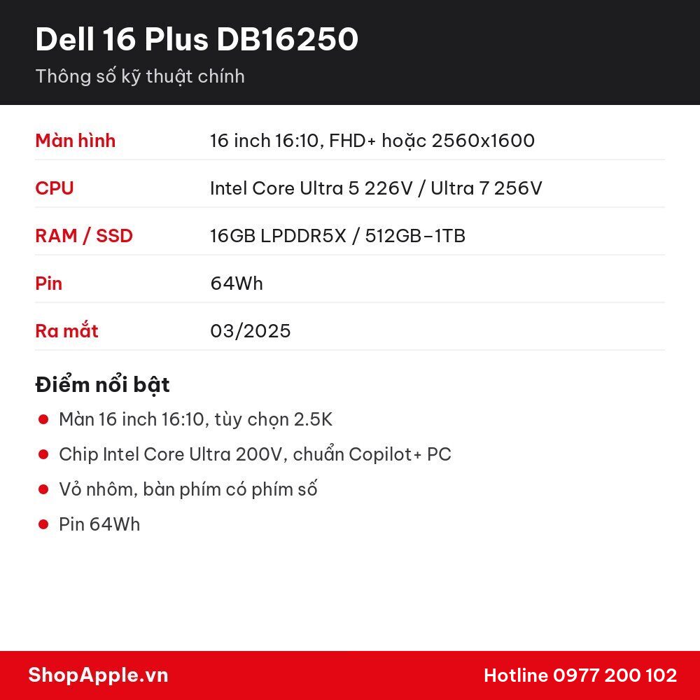 Thông số kỹ thuật Dell 16 Plus DB16250