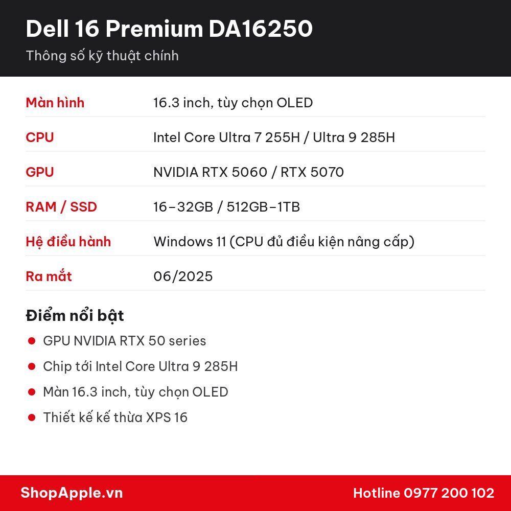 Thông số kỹ thuật Dell 16 Premium DA16250