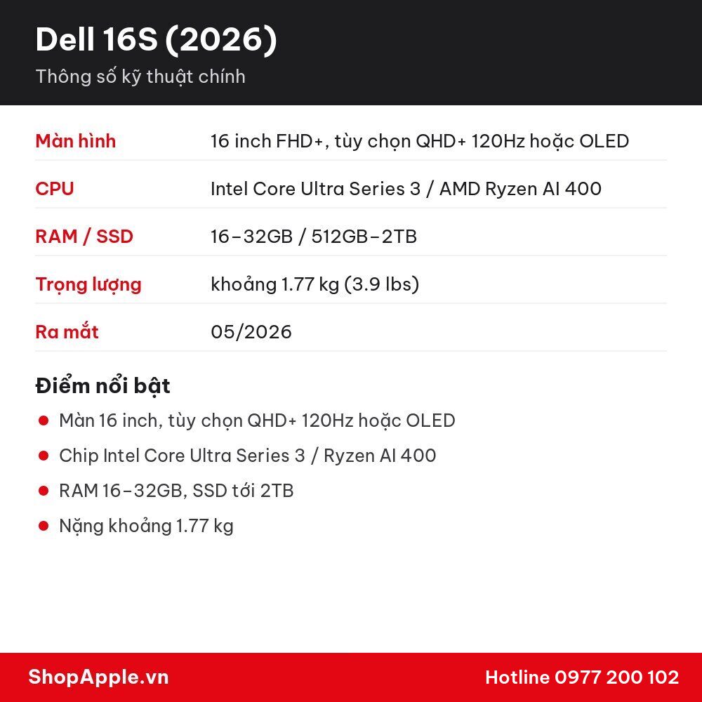 Thông số kỹ thuật Dell 16S (2026)