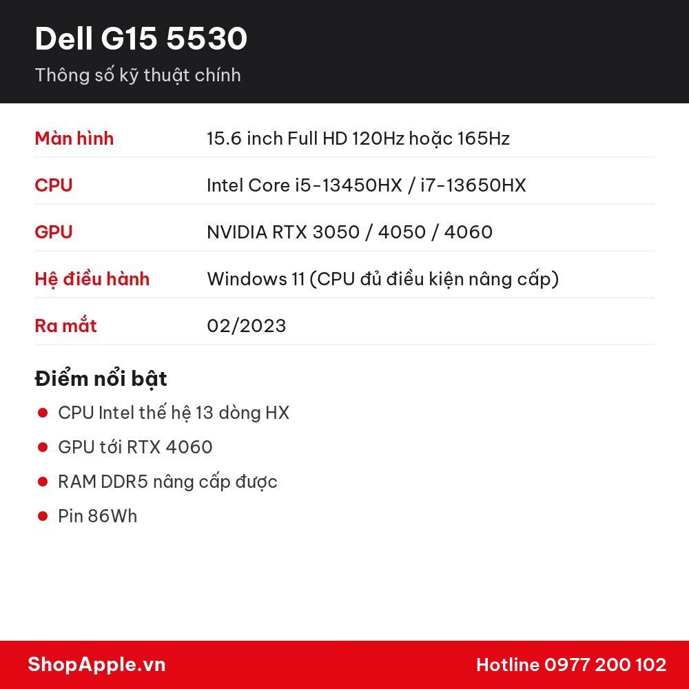 Thông số kỹ thuật Dell G15 5530