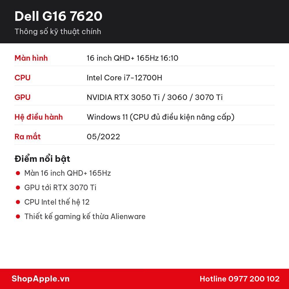 Thông số kỹ thuật Dell G16 7620