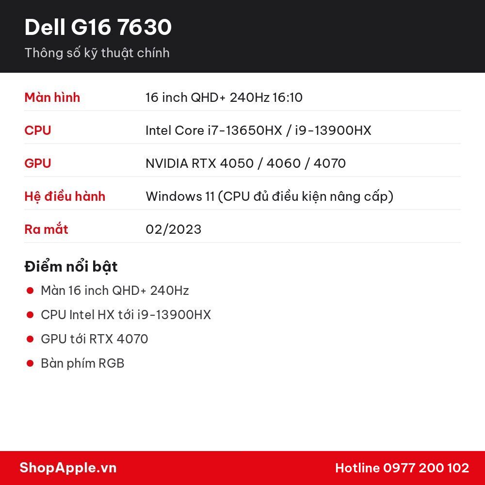 Thông số kỹ thuật Dell G16 7630