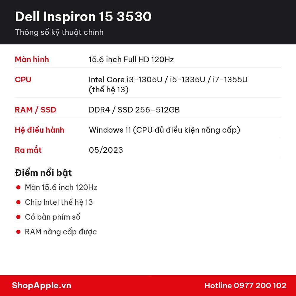Thông số kỹ thuật Dell Inspiron 15 3530