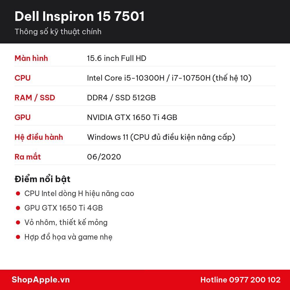 Thông số kỹ thuật Dell Inspiron 15 7501