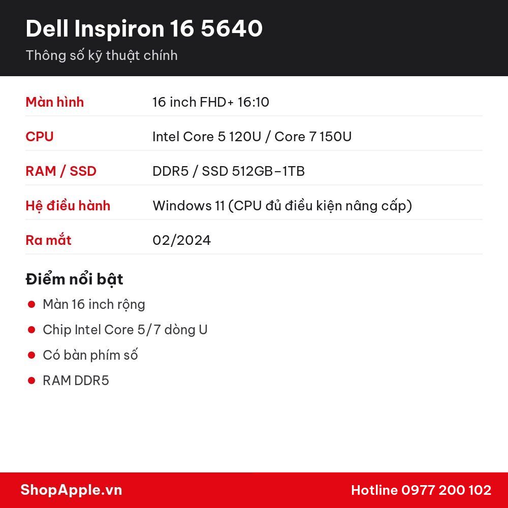Thông số kỹ thuật Dell Inspiron 16 5640