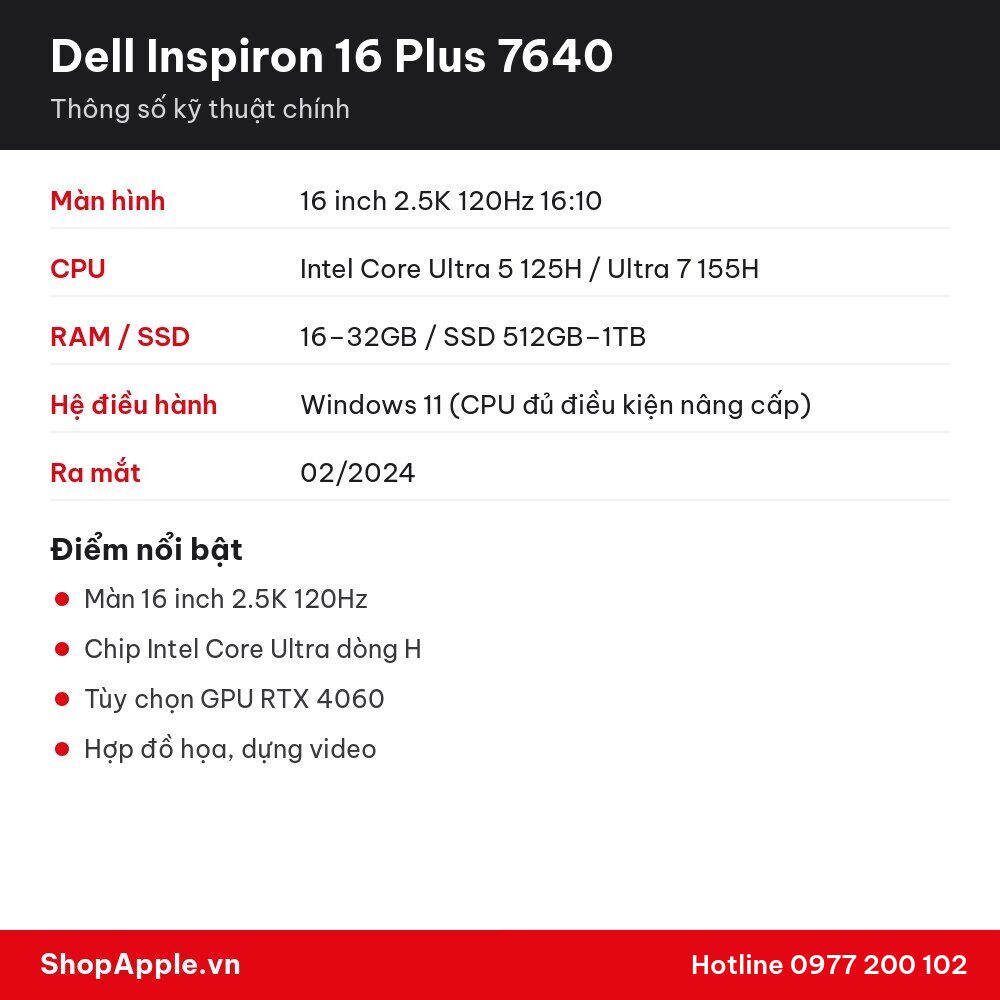 Thông số kỹ thuật Dell Inspiron 16 Plus 7640