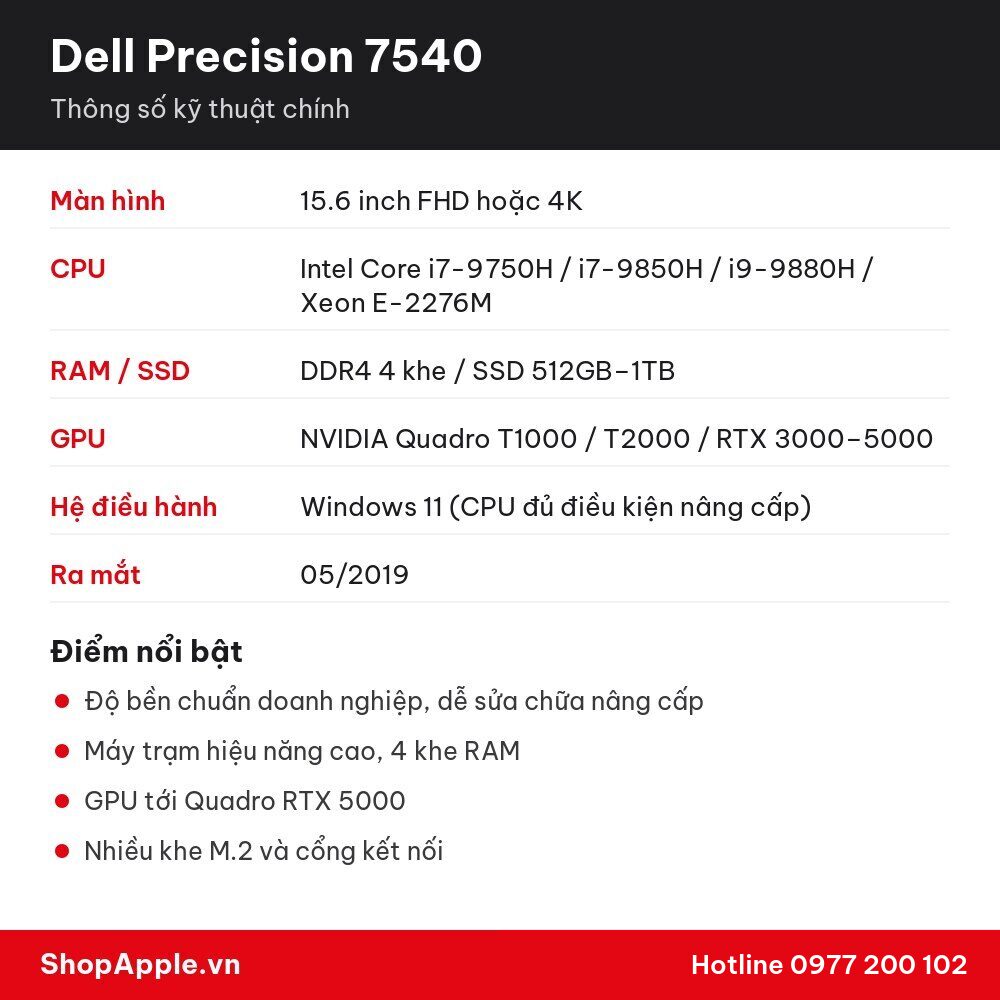 Thông số kỹ thuật Dell Precision 7540