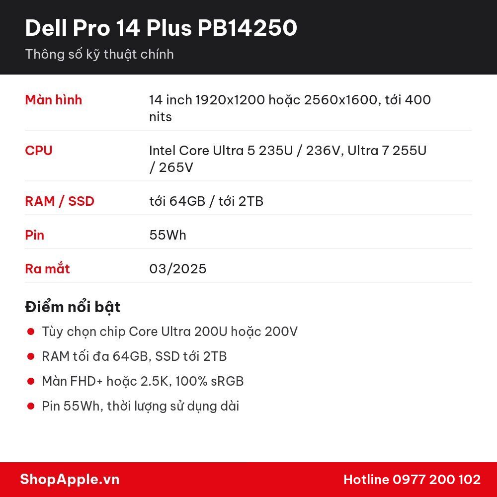 Thông số kỹ thuật Dell Pro 14 Plus PB14250