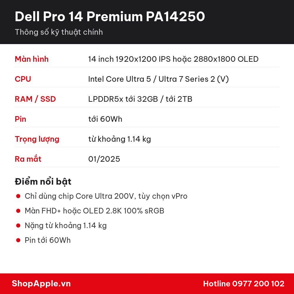 Thông số kỹ thuật Dell Pro 14 Premium PA14250