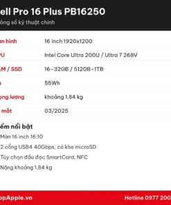 Thông số kỹ thuật Dell Pro 16 Plus PB16250