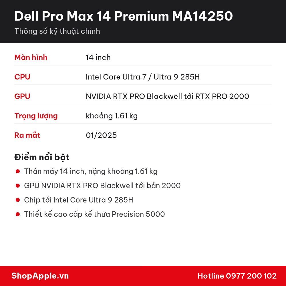 Thông số kỹ thuật Dell Pro Max 14 Premium MA14250