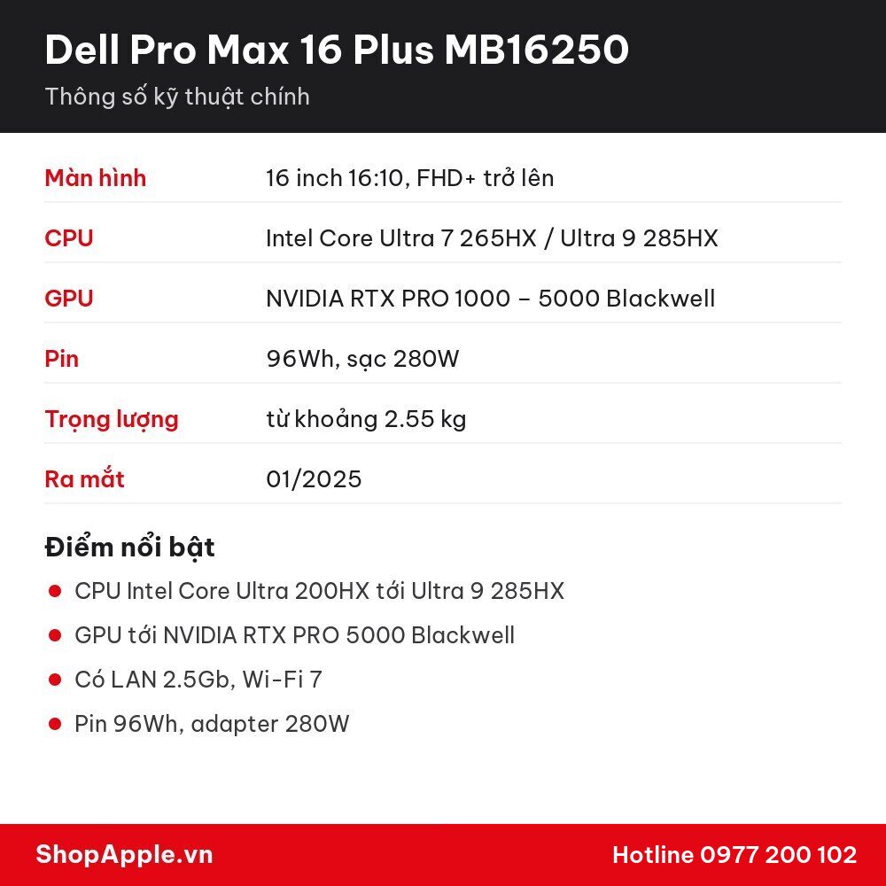 Thông số kỹ thuật Dell Pro Max 16 Plus MB16250