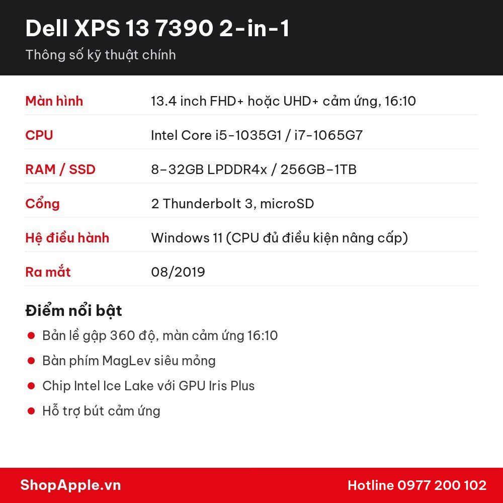 Thông số kỹ thuật Dell XPS 13 7390 2-in-1