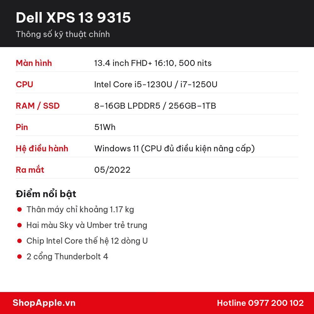Thông số kỹ thuật Dell XPS 13 9315