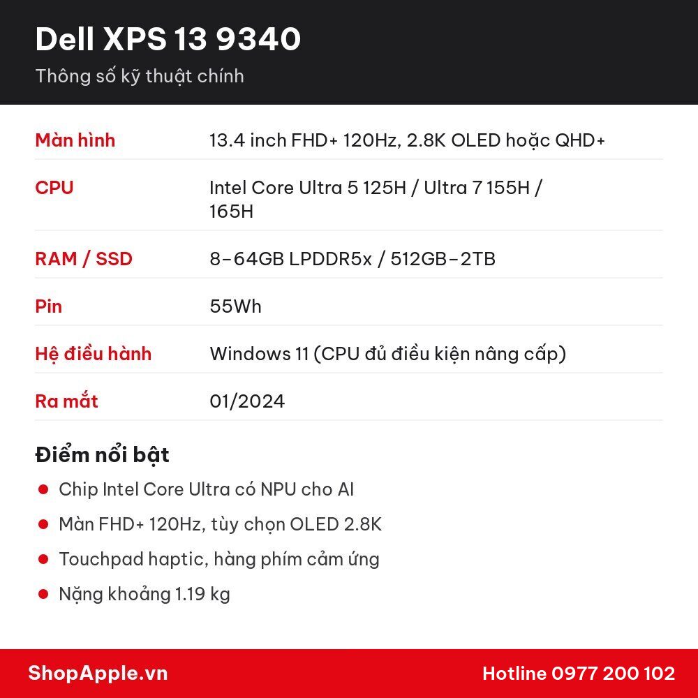 Thông số kỹ thuật Dell XPS 13 9340