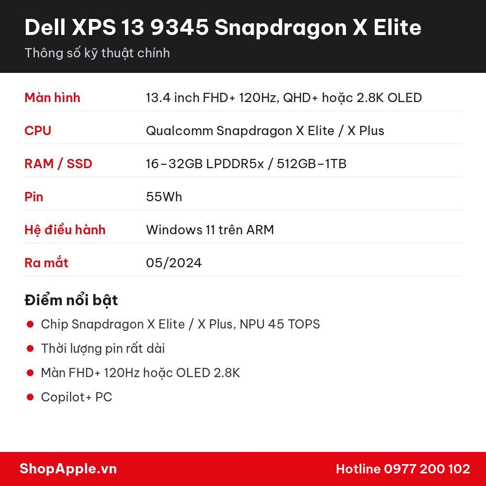 Thông số kỹ thuật Dell XPS 13 9345 Snapdragon X Elite