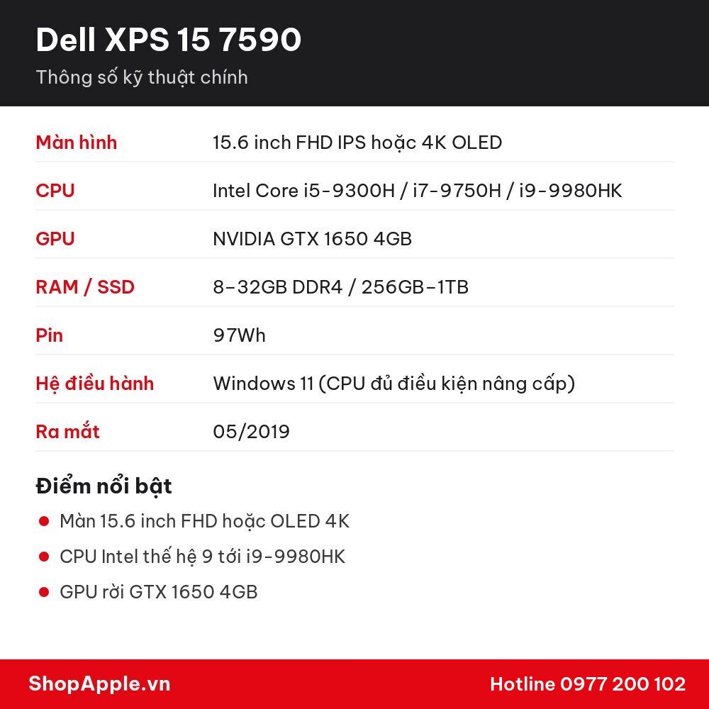Thông số kỹ thuật Dell XPS 15 7590