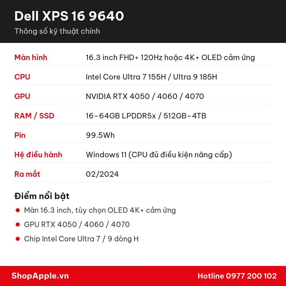 Thông số kỹ thuật Dell XPS 16 9640