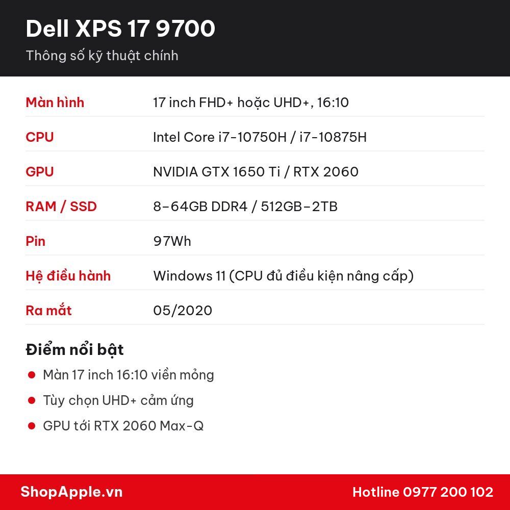 Thông số kỹ thuật Dell XPS 17 9700
