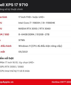 Thông số kỹ thuật Dell XPS 17 9710