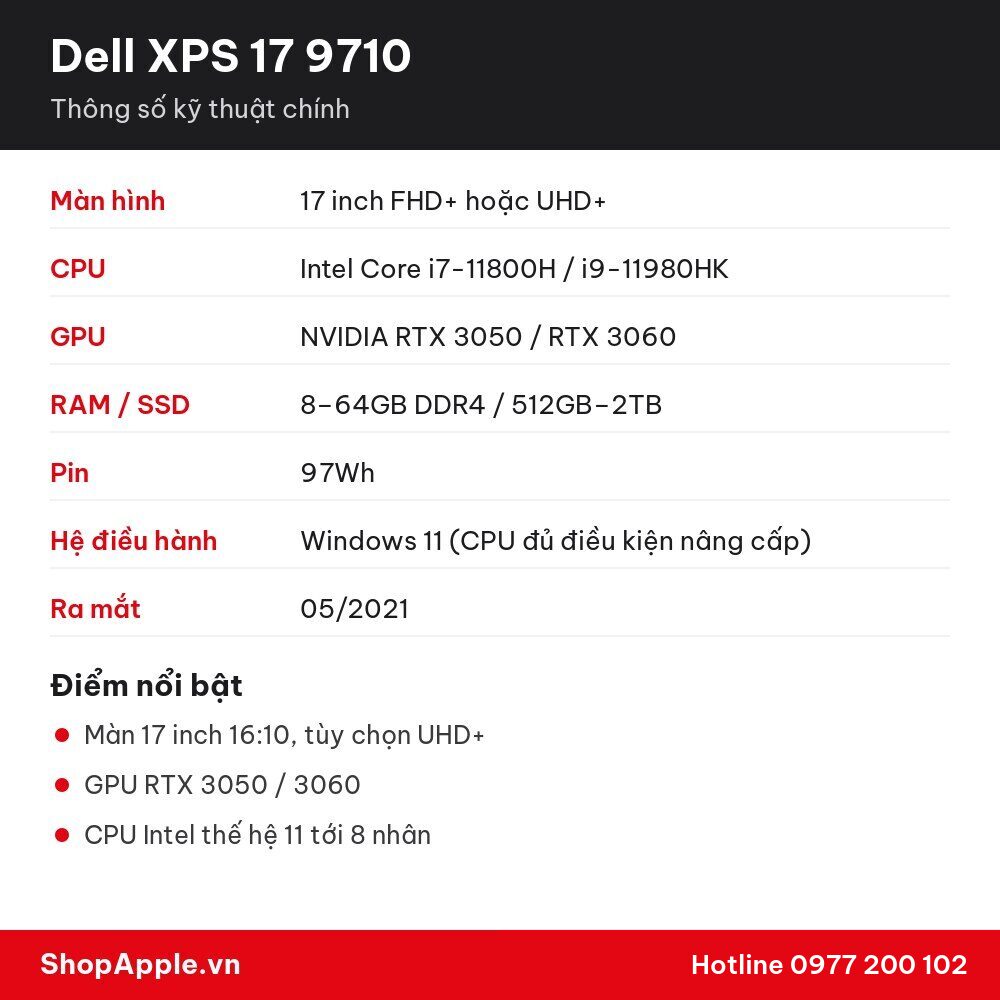 Thông số kỹ thuật Dell XPS 17 9710