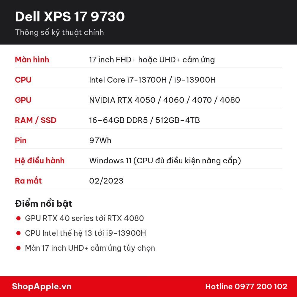 Thông số kỹ thuật Dell XPS 17 9730