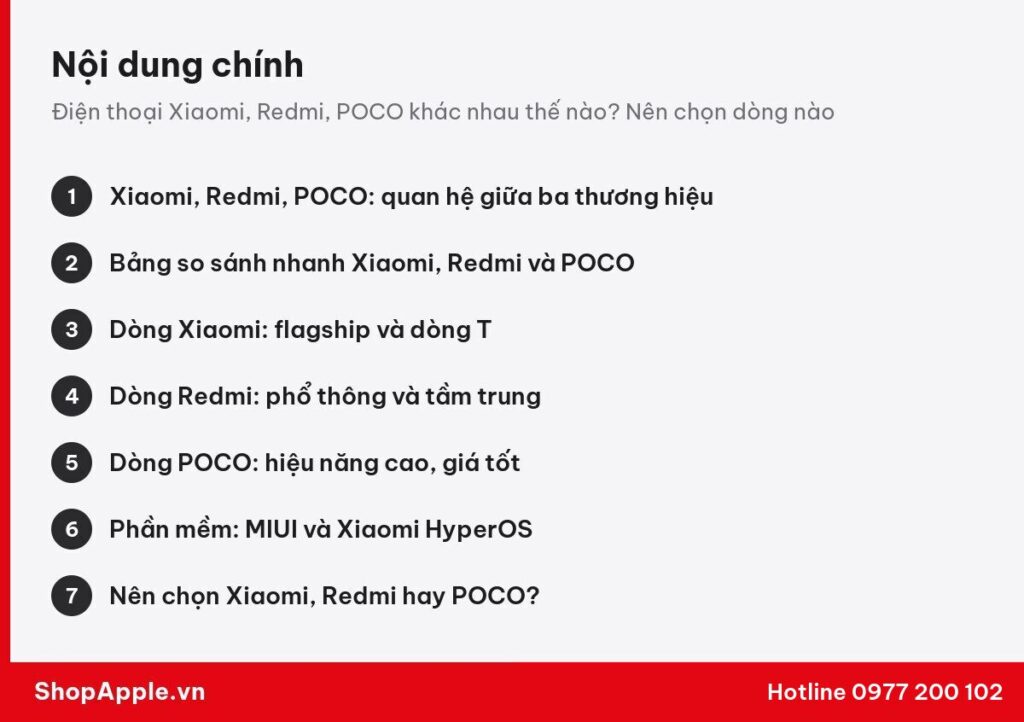 Tóm tắt nội dung: Điện thoại Xiaomi, Redmi, POCO khác nhau thế nào? Nên chọn dòng nào