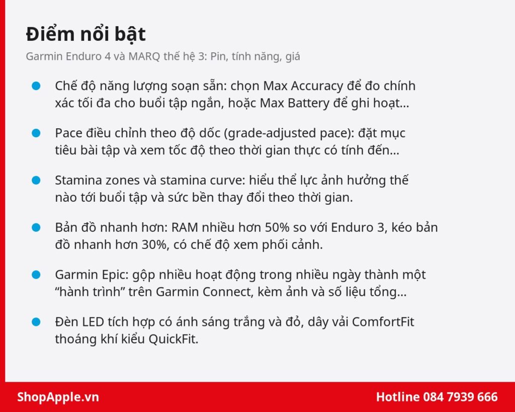 Điểm nổi bật: Garmin Enduro 4 và MARQ thế hệ 3: Pin, tính năng, giá